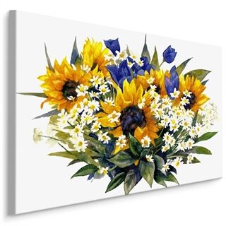 Leinwand-Zusammensetzung aus Kamille, Sonnenblumen und Tulpen