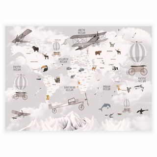 Kinderposter mit Weltkarte und Tieren in grauen Retrofarben