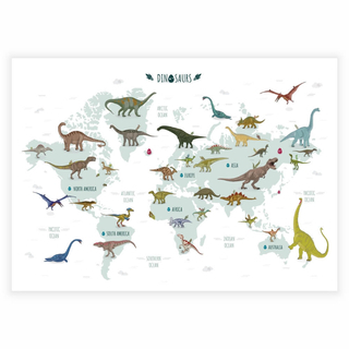 Kinderposter mit Weltkarte und Dinosaurier in schönen Farben