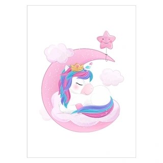 Poster mit einem Einhorn, das auf einem Mond sitzt