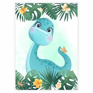 Kinderposter mit blauem Dinosaurier und exotischem Design