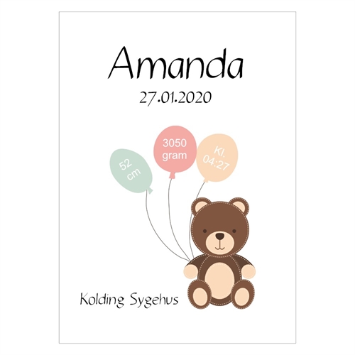 Niedliche personalisierte Geburtsplakette für das Kinderzimmer mit Teddybär und Luftballons