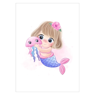 Kinderposter mit kleiner Meerjungfrau und Meerjungfrau in lila und rosa Farben