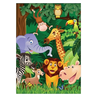 Kinderposter mit Dschungeltieren wie Giraffe, Elefant, Löwe, Zebraaffe und vielem mehr