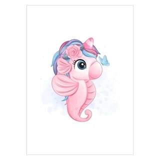 Kinderposter mit rosa Einhorn Seepferdchen - ein Seepferdchen mit Horn und Mähne des Einhorns