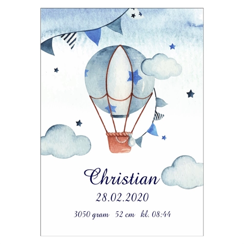 Poster Geburtshoroskop mit Heißluftballonposter - poster mit Heißluftballon, Sternen, Wimpel und Wolken in Blautönen.
