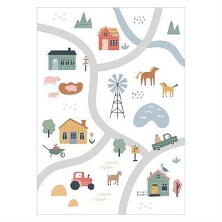 Poster für das Kinderzimmer mit Dorfplan, Häusern, Straßen und Tieren
