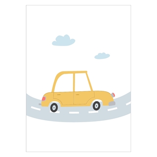 Poster mit einem gelben Auto auf einer Straße mit 2 Wolken darüber