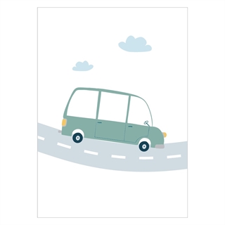 Poster mit einem mintfarbenen Auto auf einer Straße mit 2 Wolken darüber