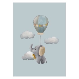 Poster mit süßem Elefanten, der im Heißluftballon auf blauem Hintergrund fliegt