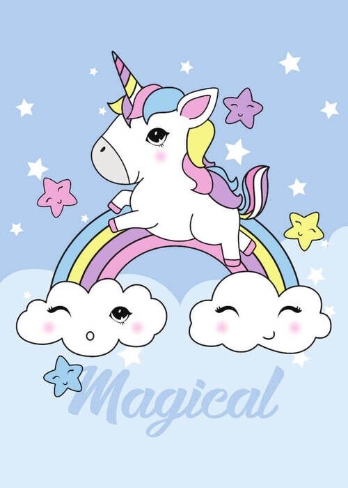 Kinderposter mit einem magischen Einhorn-Regenbogen und Sternen