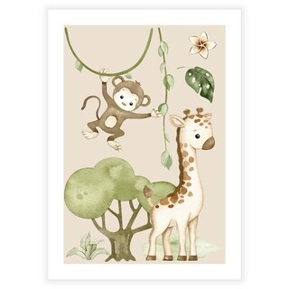 Niedliches Poster für Kinder mit Safaritieren wie Affen und Giraffen
