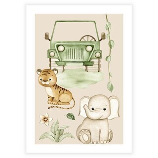 Kinderposter mit Safariauto, Elefant und Tiger