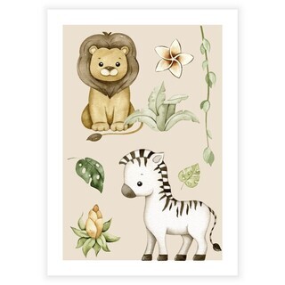 Niedliches Poster für Kinder mit Safaritieren wie Löwe und Zebra