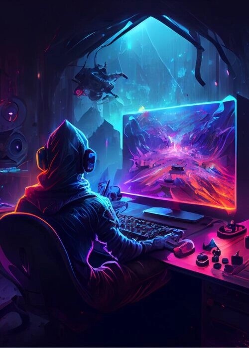 Poster Gamer, der am PC spielt und Computerspielillustration