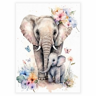 Poster mit einer Elefantenmutter und ihrem Jungen mit Blumen