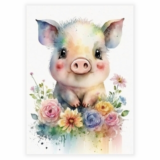 Aquarell- Poster mit einem kleinen Schwein