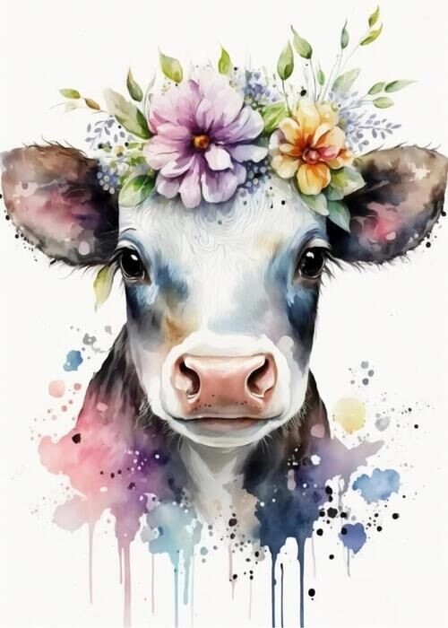 Aquarellblumen- Poster mit einem kleinen Kalb