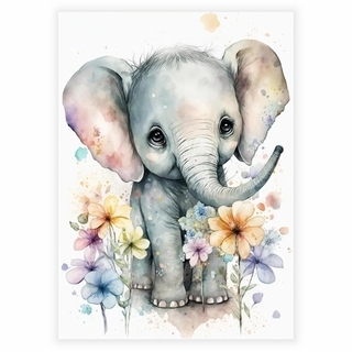 Aquarell- Poster mit einem kleinen Elefanten