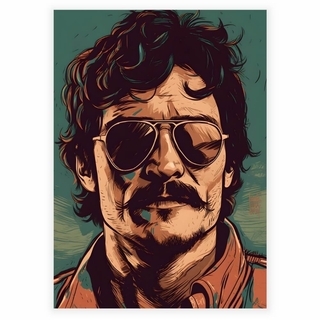 Auffällige Illustration eines Mannes mit Schnurrbart und Sonnenbrille als Poster