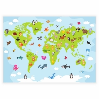 Weltkarte in Grün mit lustigen und niedlichen Tieren – Poster für Kinder