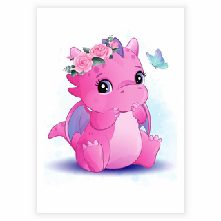 Poster mit dem süßesten Babydrachen in Rosa mit Blumen