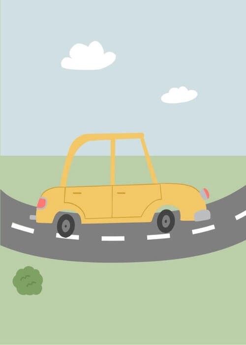 Gelbes Auto auf der Straße Poster mit grünem Gras und blauem Himmel