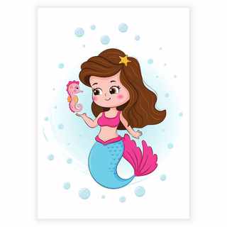 Wunderschöne Meerjungfrau mit braunen Haaren und Blasen als Kinderposter