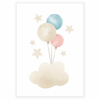 Unglaublich schönes Kinderposter mit Luftballons auf einer Wolke und Sternen