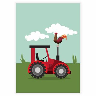 Roter Traktor mit Hahn auf dem Bauernhof – Kinderplakat