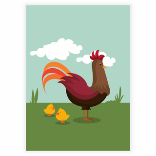 Großer Hahn und 2 kleine Hühner auf einem Bauernhof – Kinderplakat