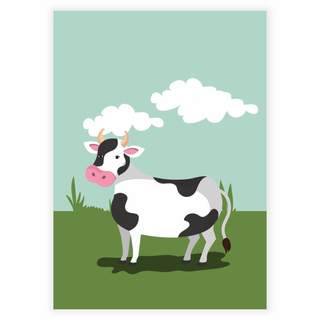 Eine schwarz-weiße Kuh auf einem Bauernhof – Kinderplakat