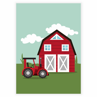 Ein roter Traktor auf einem Bauernhof – Kinderplakat