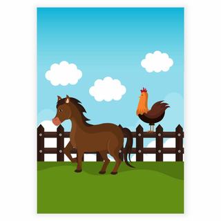 Ein glückliches braunes Pferd mit einem Hahn auf einem Zaun als Kinderplakat
