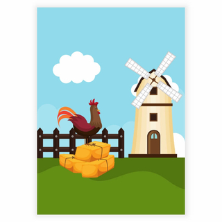 Eine Windmühle und ein Hahn auf einem Zaun im Grünen als Kinderplakat
