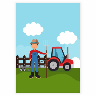 Ein Bauer mit seinem roten Traktor als Kinderposter
