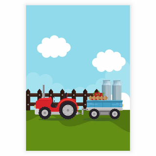 Traktor mit Milcheimer und Obst auf Wagen als Kinderposter