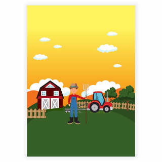 Bauernhof, Bauer und Traktor an einem frühen Morgen – Kinderplakat