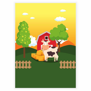 Bauernhaus mit einer gefleckten Kuh an einem frühen Morgen – Kinderplakat