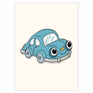 Süßes und lustiges blaues Auto mit Augen als Poster für das Kinderzimmer