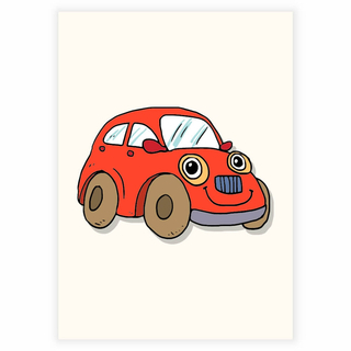 Süßes und lustiges rotes Auto mit Augen als Poster für das Kinderzimmer