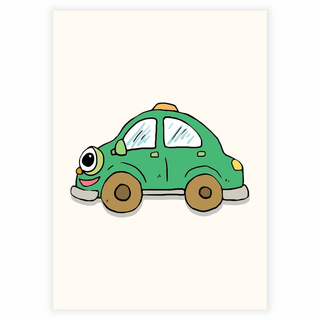 Süßes und lustiges grünes Auto mit Augen als Poster für das Kinderzimmer