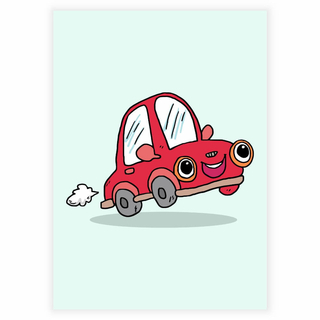 Süßes, lustiges und fröhliches rotes Auto mit Augen als Poster für das Kinderzimmer