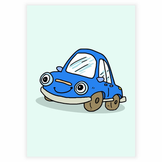 Süßes, lustiges und fröhliches blaues Auto mit Augen als Poster für das Kinderzimmer