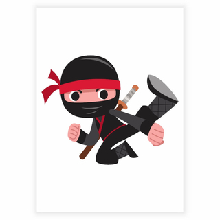 Lustiger Ninja in Schwarz, der Karate-Kicks macht – Kinderplakat