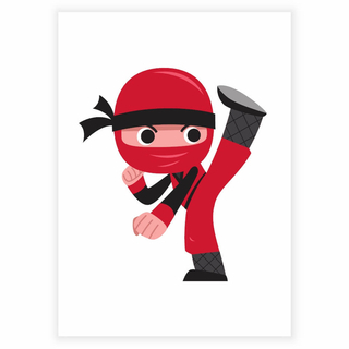 Lustiger roter Ninja, der Karate-Kicks macht – Kinderplakat