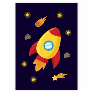 Poster mit fliegender Rakete im Weltraum für das Kinderzimmer