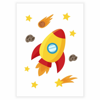 Superschickes Poster mit einer fliegenden Weltraumrakete für das Kinderzimmer