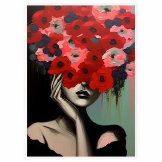 Schöne rote Blumen im Haar einer Frau als Poster
