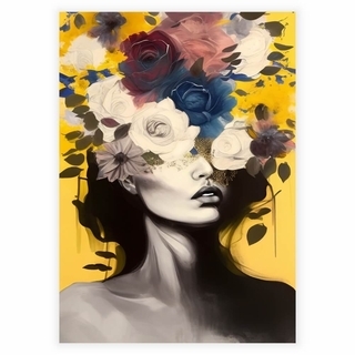 Poster „Schöne Frau mit Blumenhaar“ in Gelbtönen